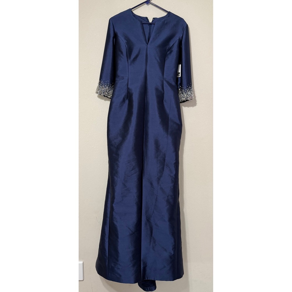 Catherine Regehr Gown Womens 6 Navy Silk Wool Crystal Embellished Evening Dress